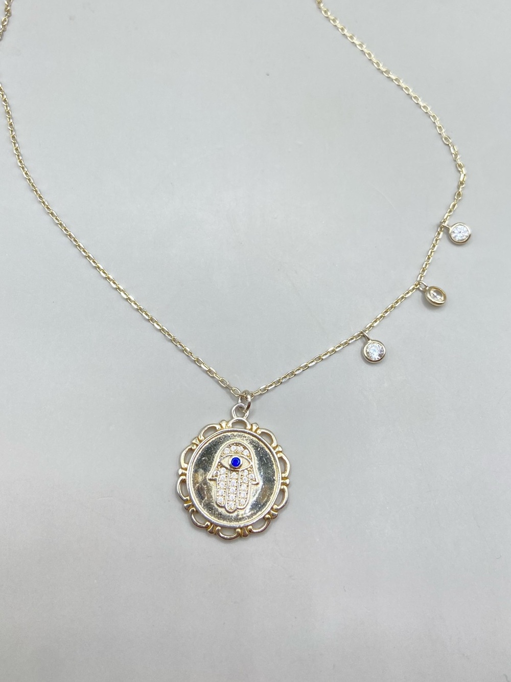 Gold Plated Sterling Silver Hamsa Medallion Necklace with Crystal Accents